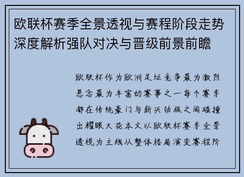 欧联杯赛季全景透视与赛程阶段走势深度解析强队对决与晋级前景前瞻